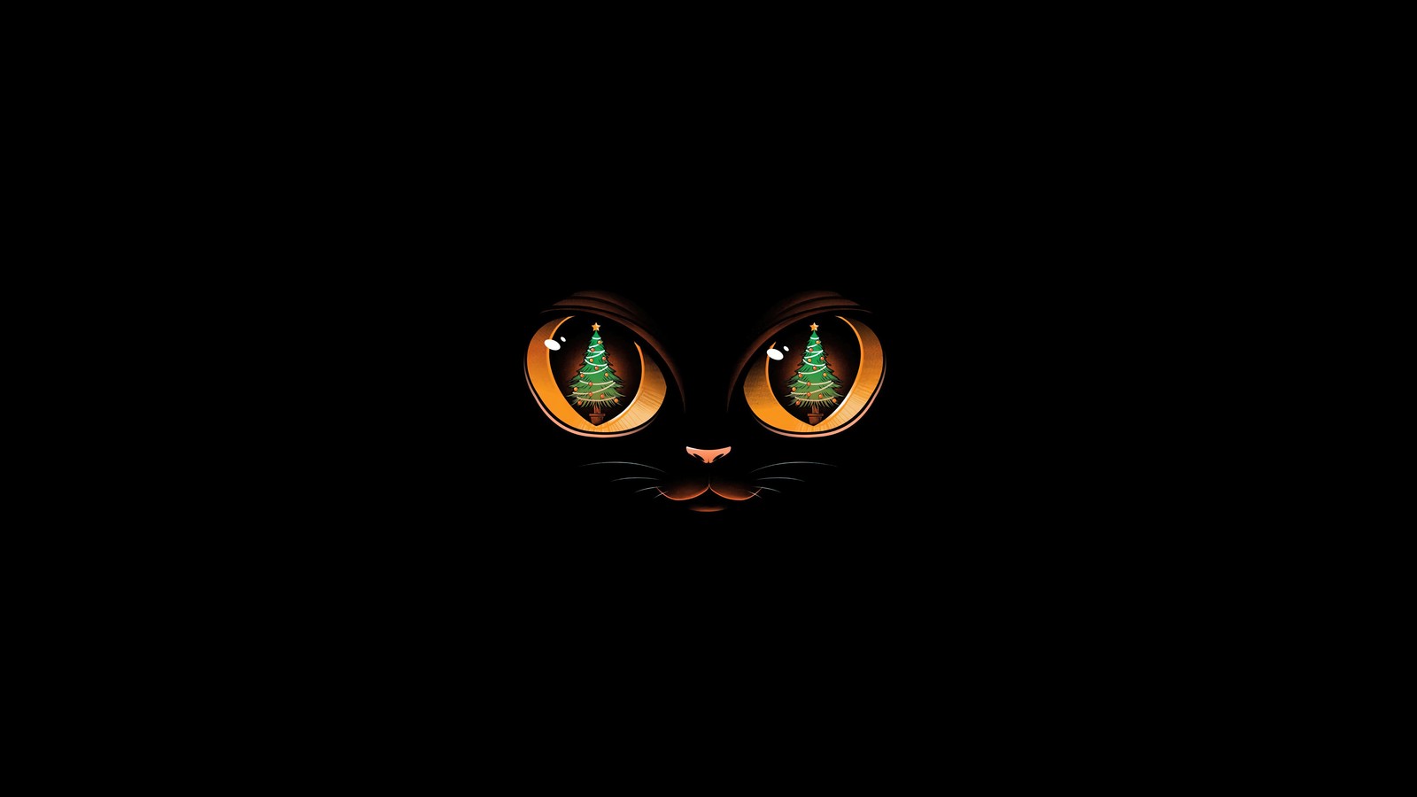 A close up of a cat's eyes in the dark (black cat, christmas, holiday, christmas tree)