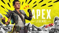 Mad Maggie from Apex Legends, poised confidently with a fierce expression and stylish outfit, set against a vibrant yellow backdrop.