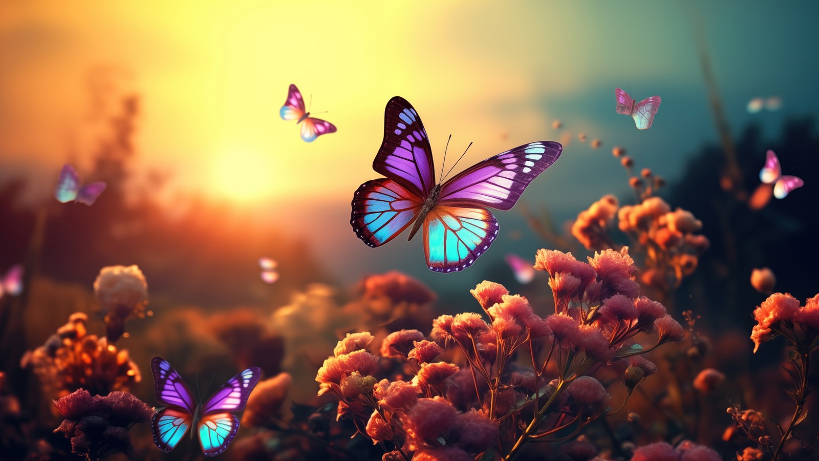 colorful, butterfly, flower, digital art wallpaper