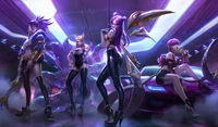 K/DA Champions: Ahri, Akali, Evelynn, and Kai'Sa in a Dynamic League of Legends Artwork