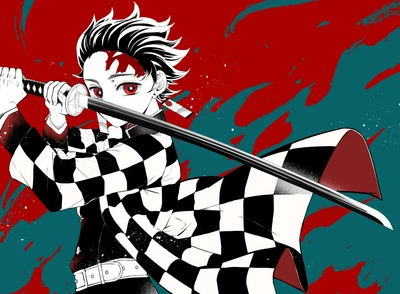 Tanjiro Kamado en pose d'action dynamique - Art de Demon Slayer