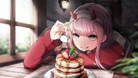 Zero Two Enjoying Delicious Pancakes in a Cozy Setting