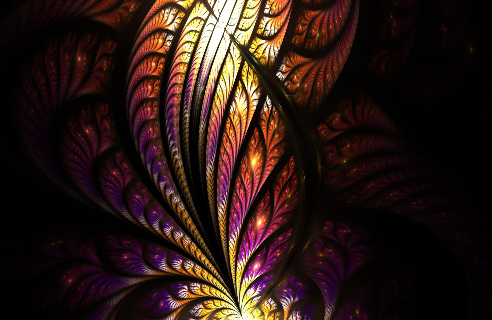 Un gros plan d'une image générée par ordinateur d'une fleur colorée (fractale, art fractal, vitraux, obscurité, violet)