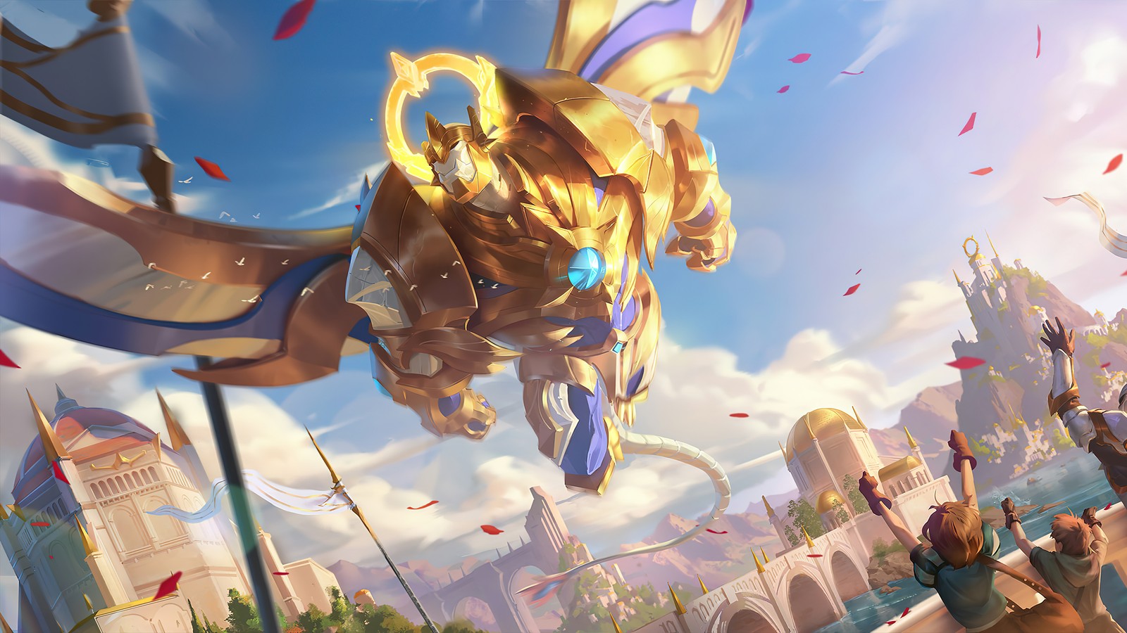 Une image d'un grand dragon volant au-dessus d'une ville (galio, arclight, peau, lor, legends of runeterra)