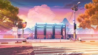 Vibrant Digital Art of a Serene Bus Stop in a Pedestrian-Friendly Scenery