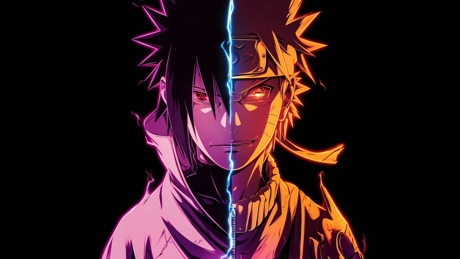 Un primer plano de una persona con una espada en la mano (sasuke uchiha, naruto uzumaki, 5k, amoled, fondo negro)