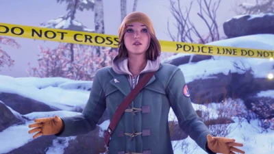 Max Caulfield à la ligne de police dans un paysage enneigé - Life is Strange