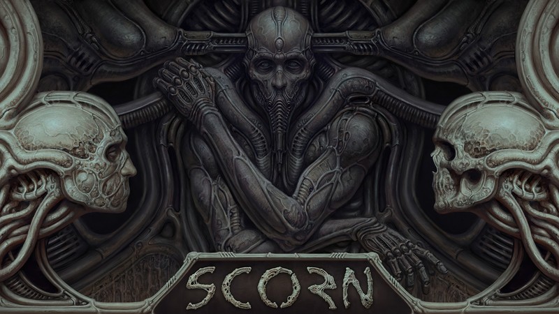 A close up of a sign with a picture of a skeleton and two skulls (scorn, video game)