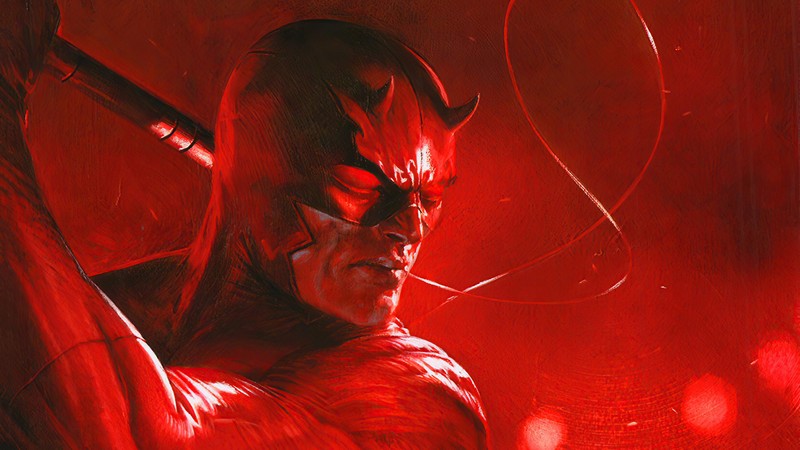 Крупный план человека в красном костюме, держащего биту (сорвиголова, daredevil, marvel comics, супергерой, комиксы)