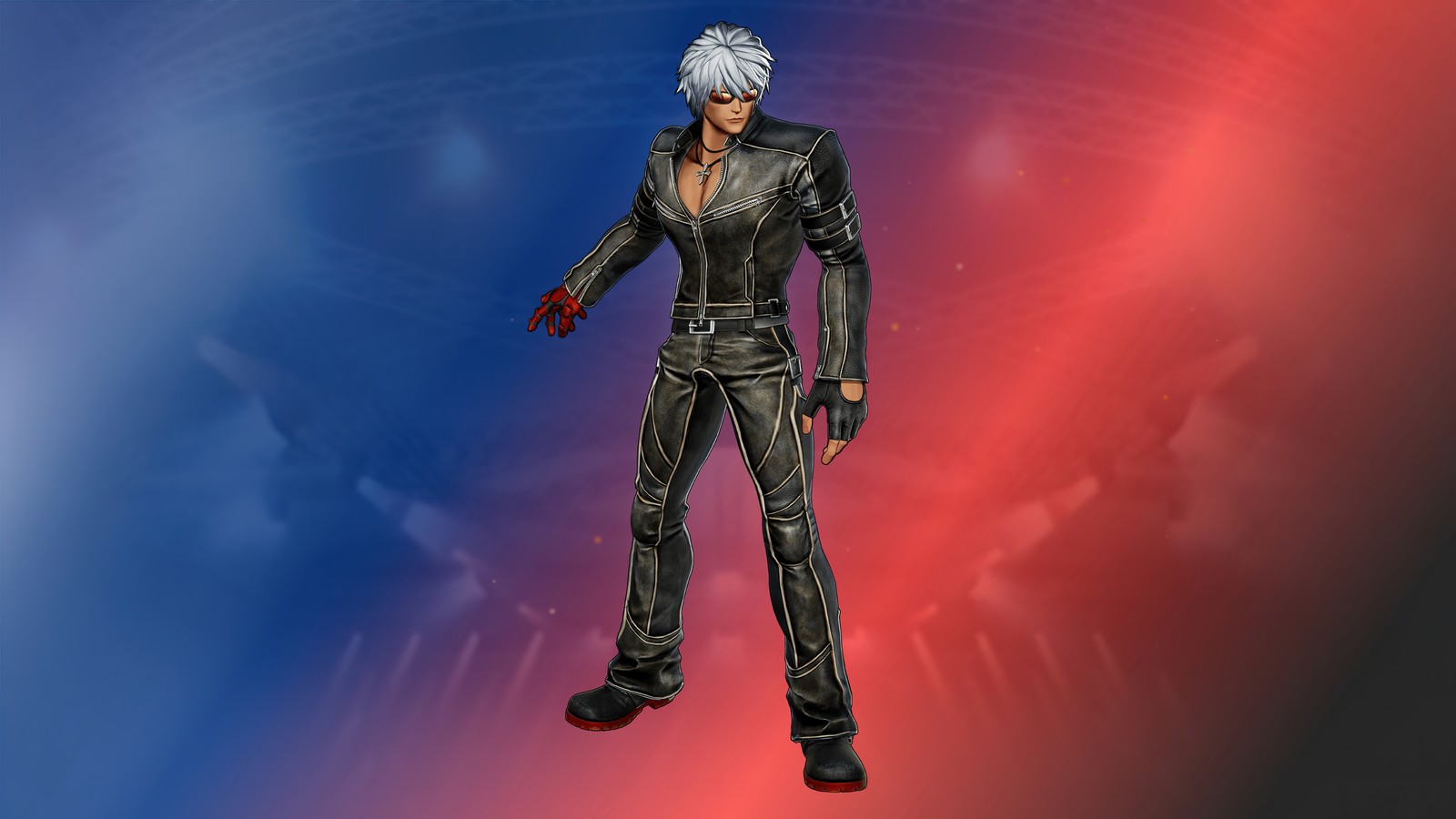 Un primer plano de una persona con un atuendo de cuero en un fondo rojo y azul (k, the king of fighters xv, kof 15, videojuego)