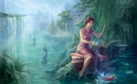 Enchanting Mythical Girl in a Serene Forest Watercolor Scene