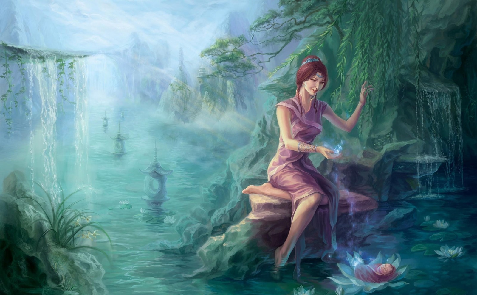 Painting of a woman sitting on a rock in a river (painting, art, mythology, illustration, watercolor paint)