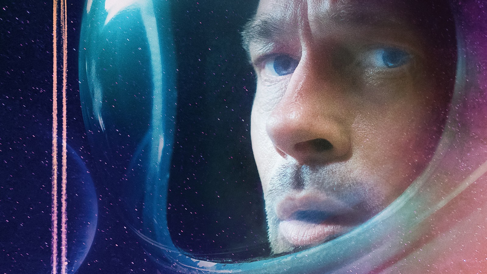 Arafed image of a man in a space suit looking out of a window (ad astra, brad pitt, astronaut, movie)