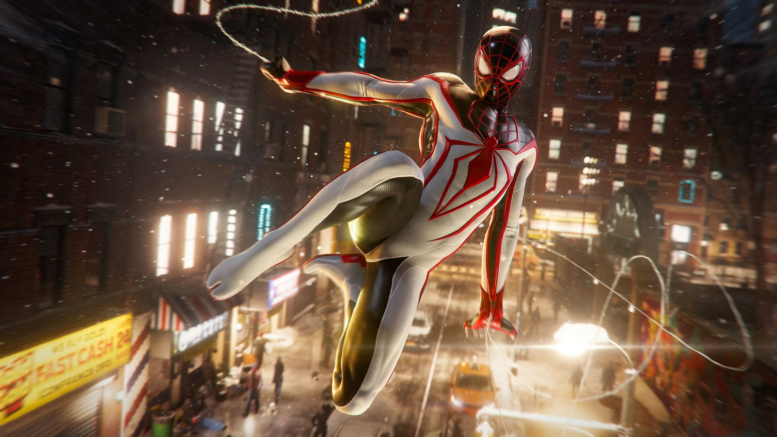 Spider-man volant dans la ville la nuit (marvels spider man miles morales, insomniac, playstation 5, jeu vidéo, survêtement)