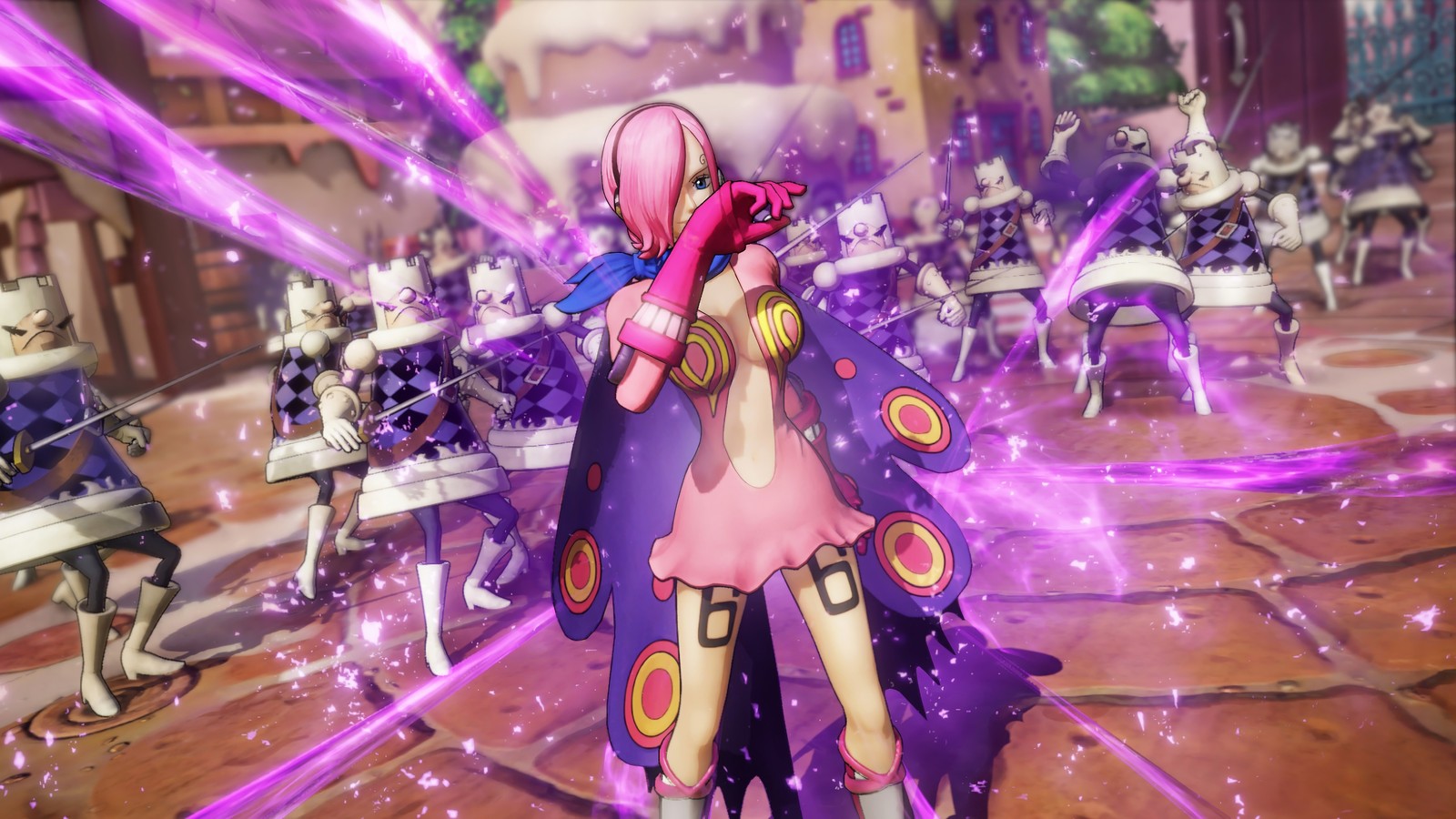 A woman in a pink dress standing in front of a bunch of purple flowers (vinsmoke reiju, one piece pirate warriors 4, video game)