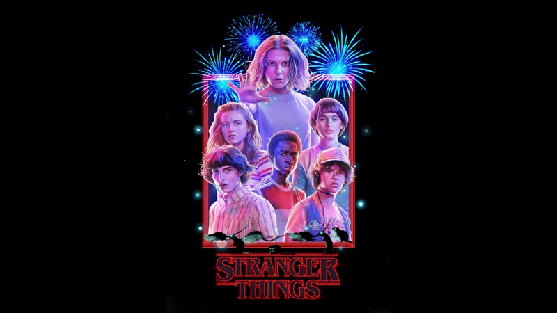 Постер странных вещей с фейерверками на фоне (очень странные дела, stranger things, 80 е, 80s, сезон 3)