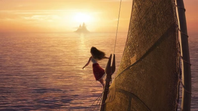 Moana regarde vers l'horizon alors que le soleil se couche sur l'océan, incarnant l'aventure et l'espoir dans un paysage époustouflant.