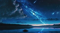 lake, night, sunrise, shooting star, anime wallpaper