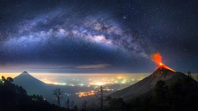 milky way, volcano, galaxy, nature, night