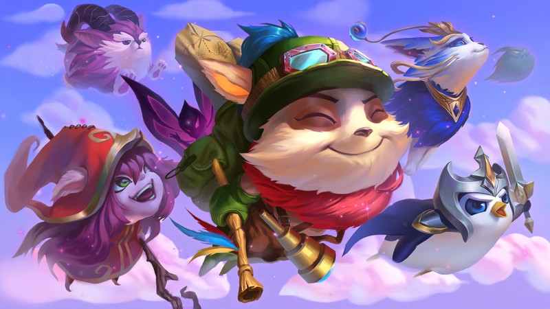 Группа мультяшных персонажей, летящих по небу (тимо, teemo, лулу, lulu, lol)