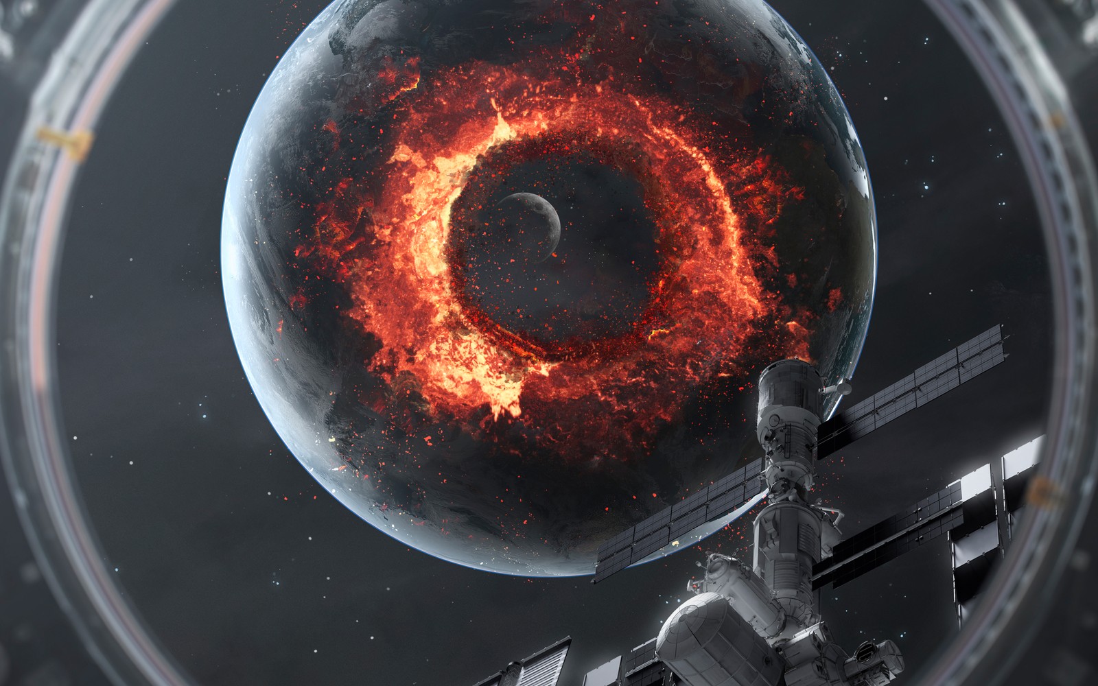 A close up of a space station with a fire ring (extinction, cosmos, spaceship, satellite, 5k)