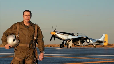 Fighter Pilot with Vintage Aircraft on the Runway