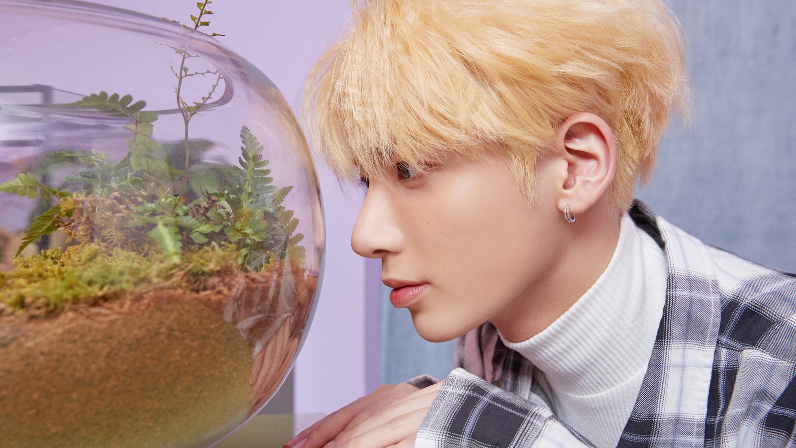 Arafed man looking at a fish bowl with plants in it (txt kpop, tomorrow x together, 투모로우바이투게더, kpop, k pop)