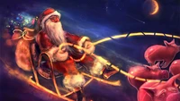 Santa Claus montando un trineo con regalos bajo la luz de la luna