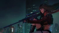 Sniper cyberpunk: uma garota feroz em uma paisagem urbana futurista