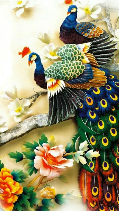 arte, colorido, pavos reales