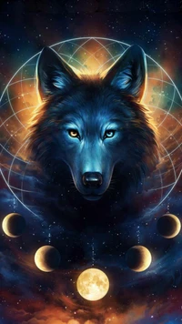 schwarz, blau, mond, orange, der wolf