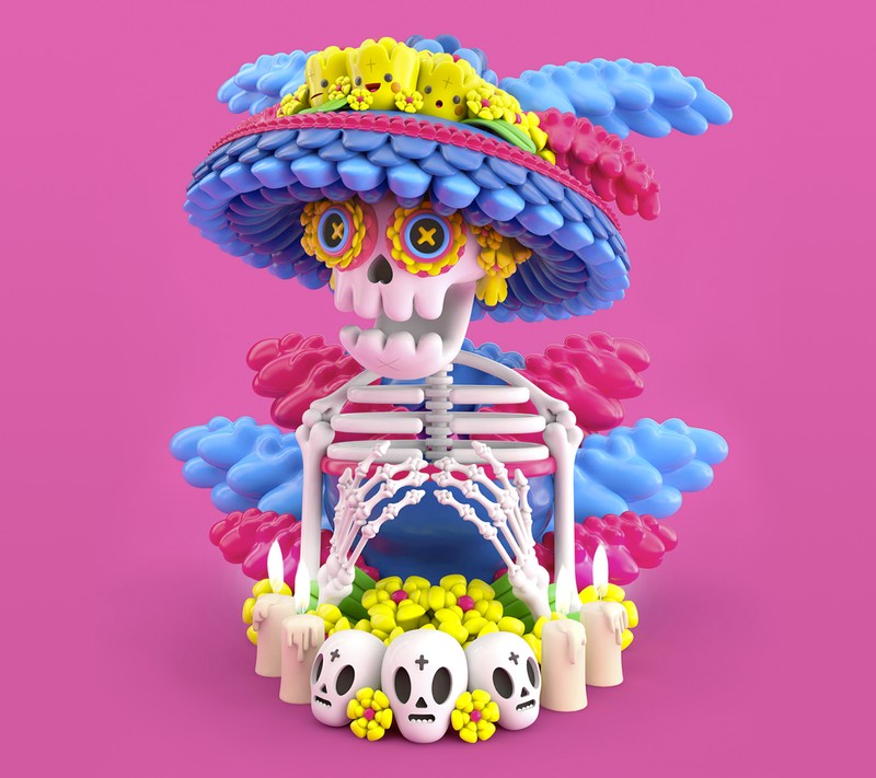 Ярко окрашенный скелет с шляпой и цветами в саду (3d, искусство, катрина, catrina, дизайн)