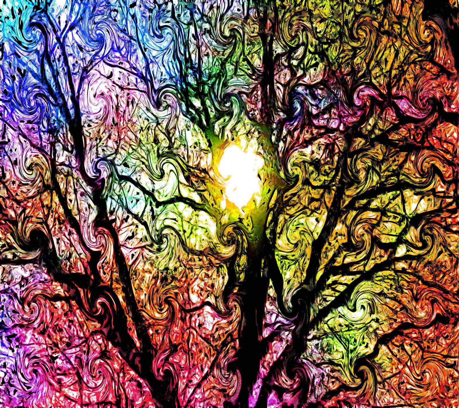 A close up of a tree with a light in the middle of it (abstract, color, colour, psychedelia, psychedelic)