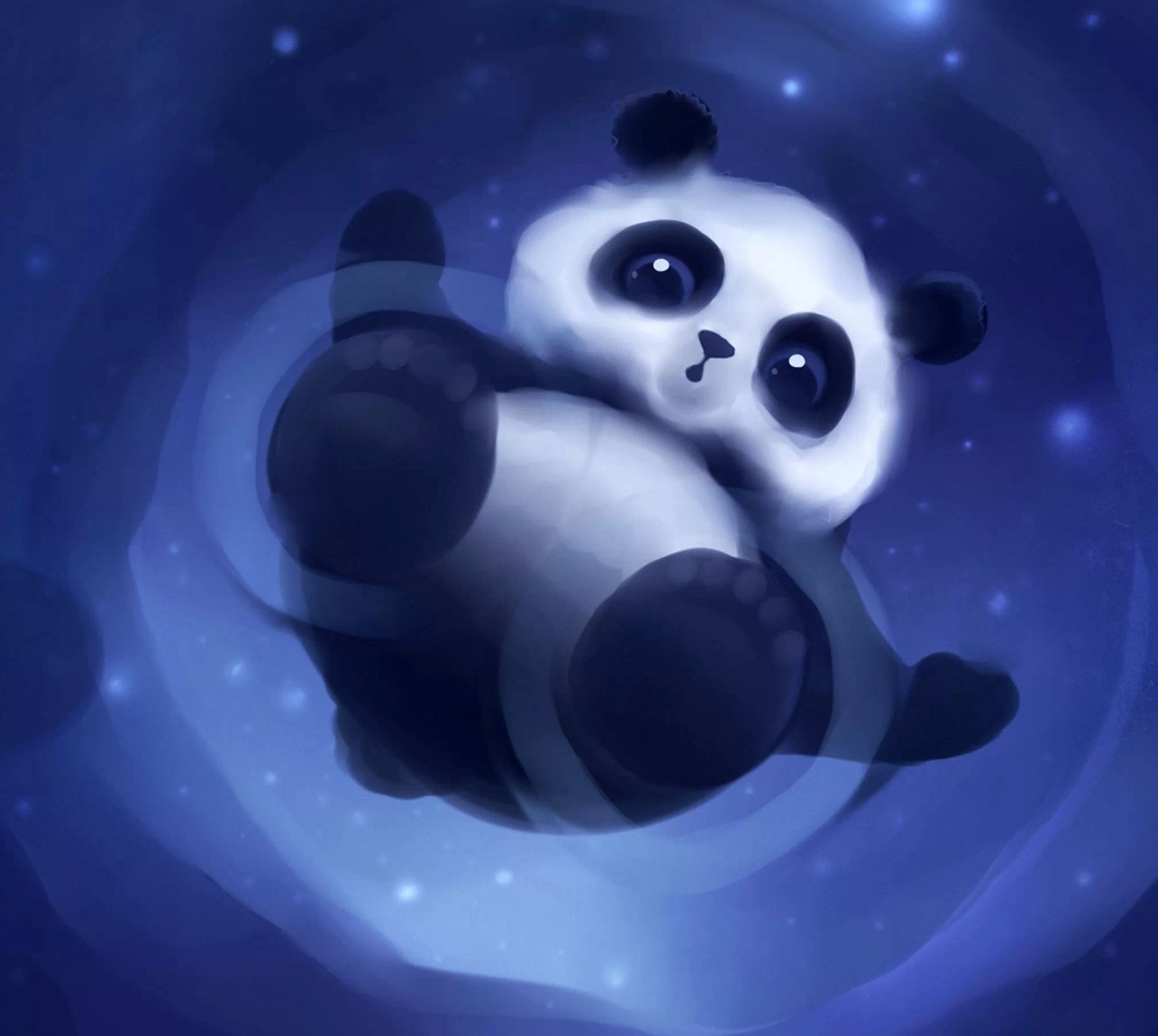 Panda flottant dans un vortex en spirale avec un fond bleu (galaxie, panda)