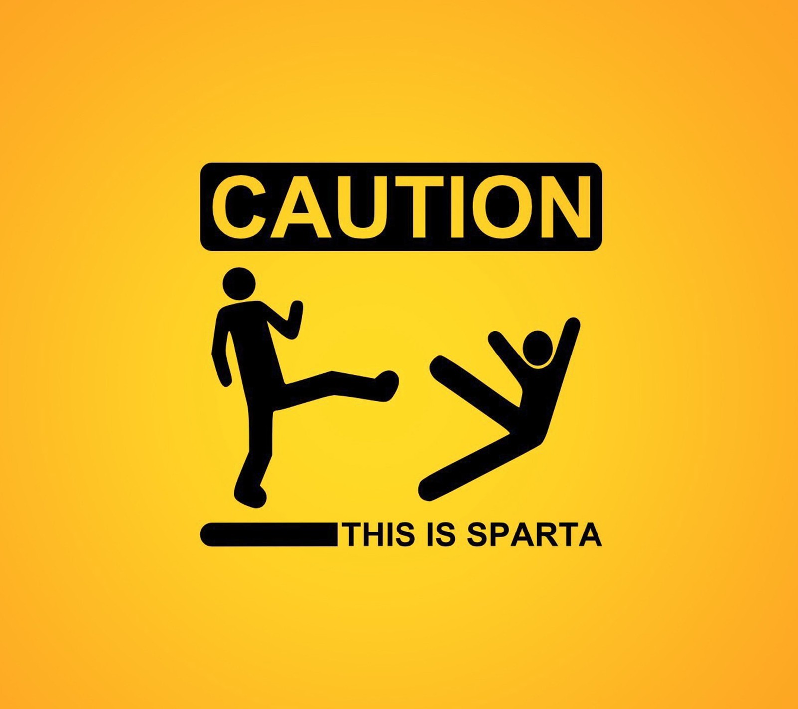 Un panneau jaune avec une image noir et blanc d'un homme donnant un coup de pied à une personne (comédie, drôle, humour, this is sparta)