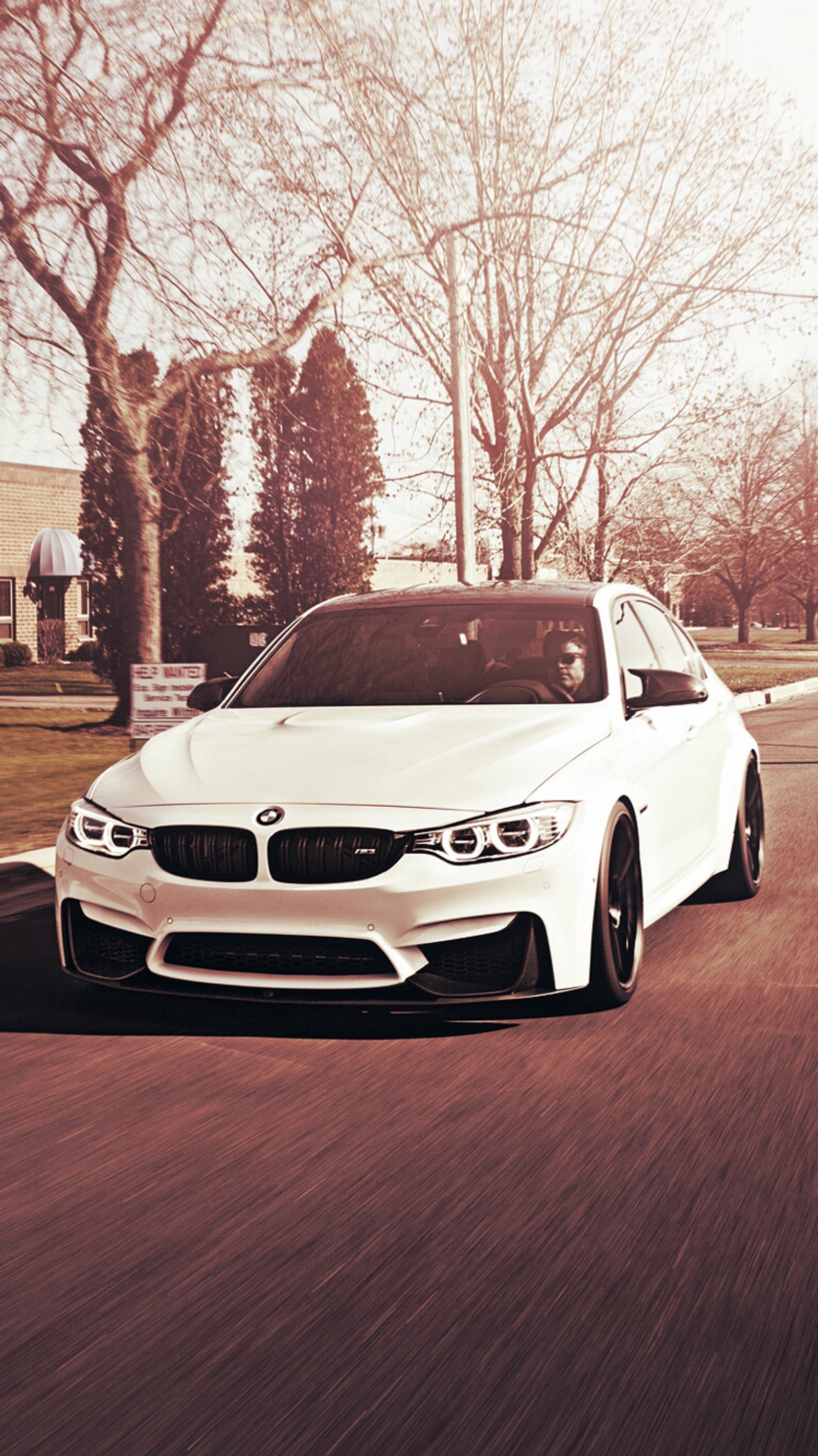 Arafed white car driving down a road with trees in the background (bmw, car, f80, m3, sedan)