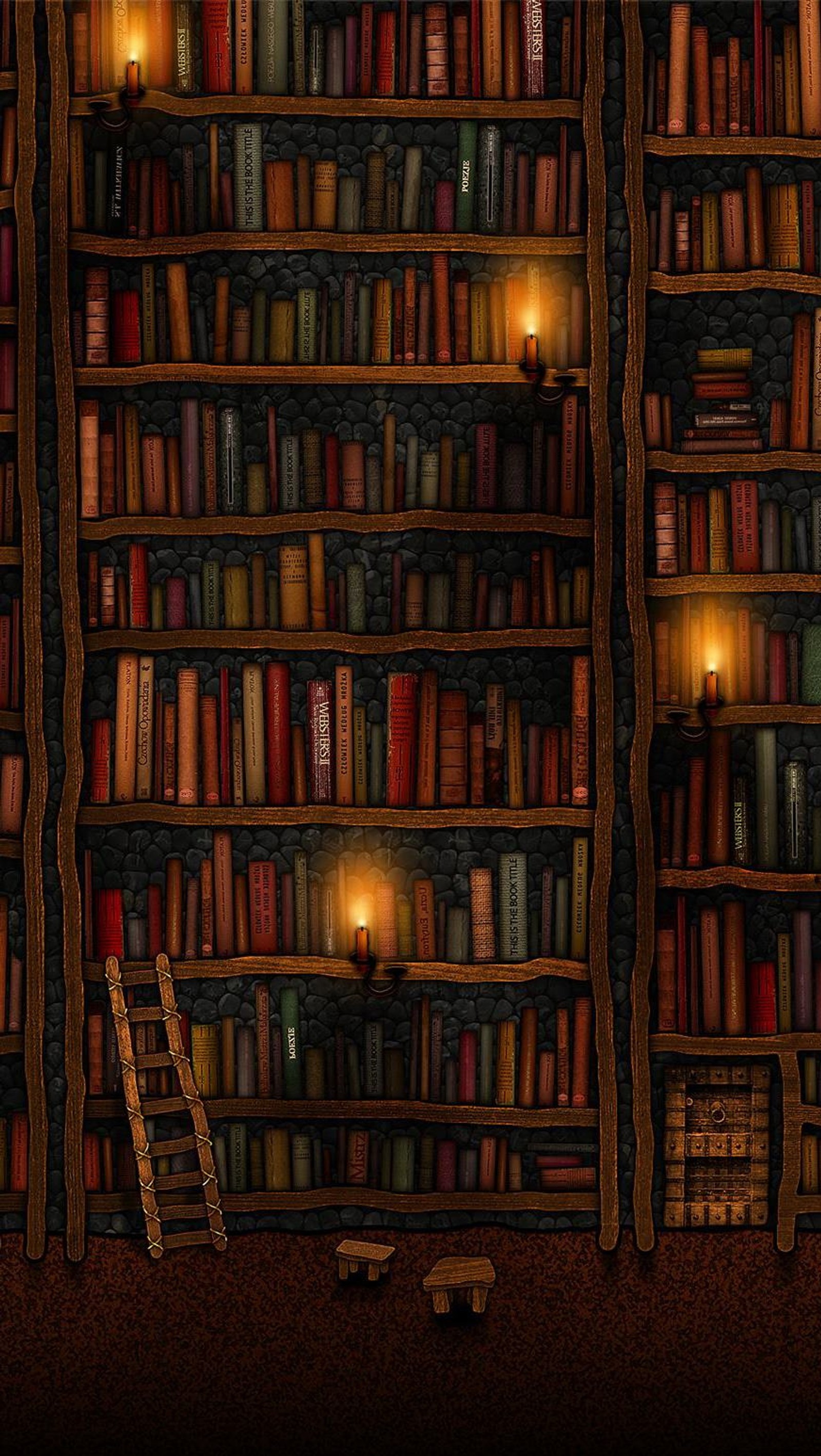 There is a book shelf with many books and a ladder (books, hd, kiss, library, love)