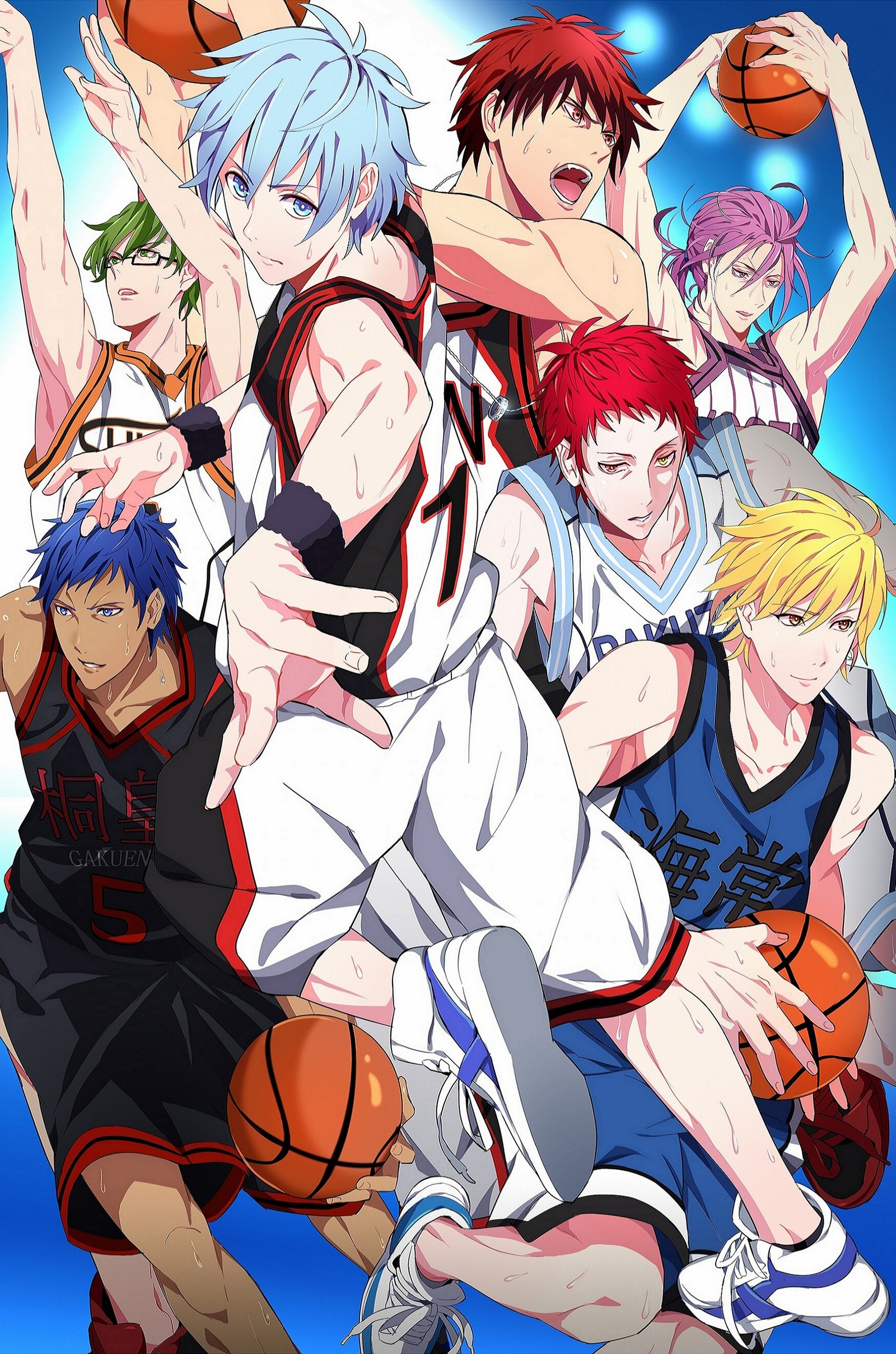 Eine gruppe junger männer spielt basketball gegeneinander (kuroko no basket, kuroko tetsuya)