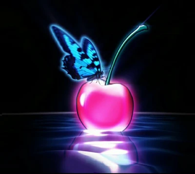 Neon Cherry with a Blue Butterfly in a Dark Glass Setting