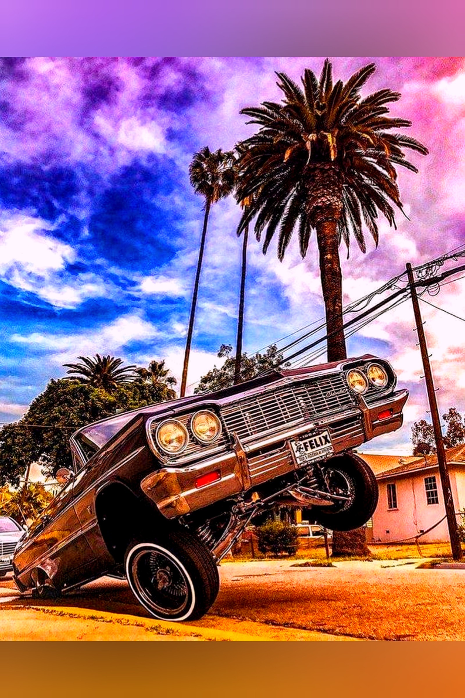 Arafed old car on wheels in front of a palm tree (car, cars, impala)