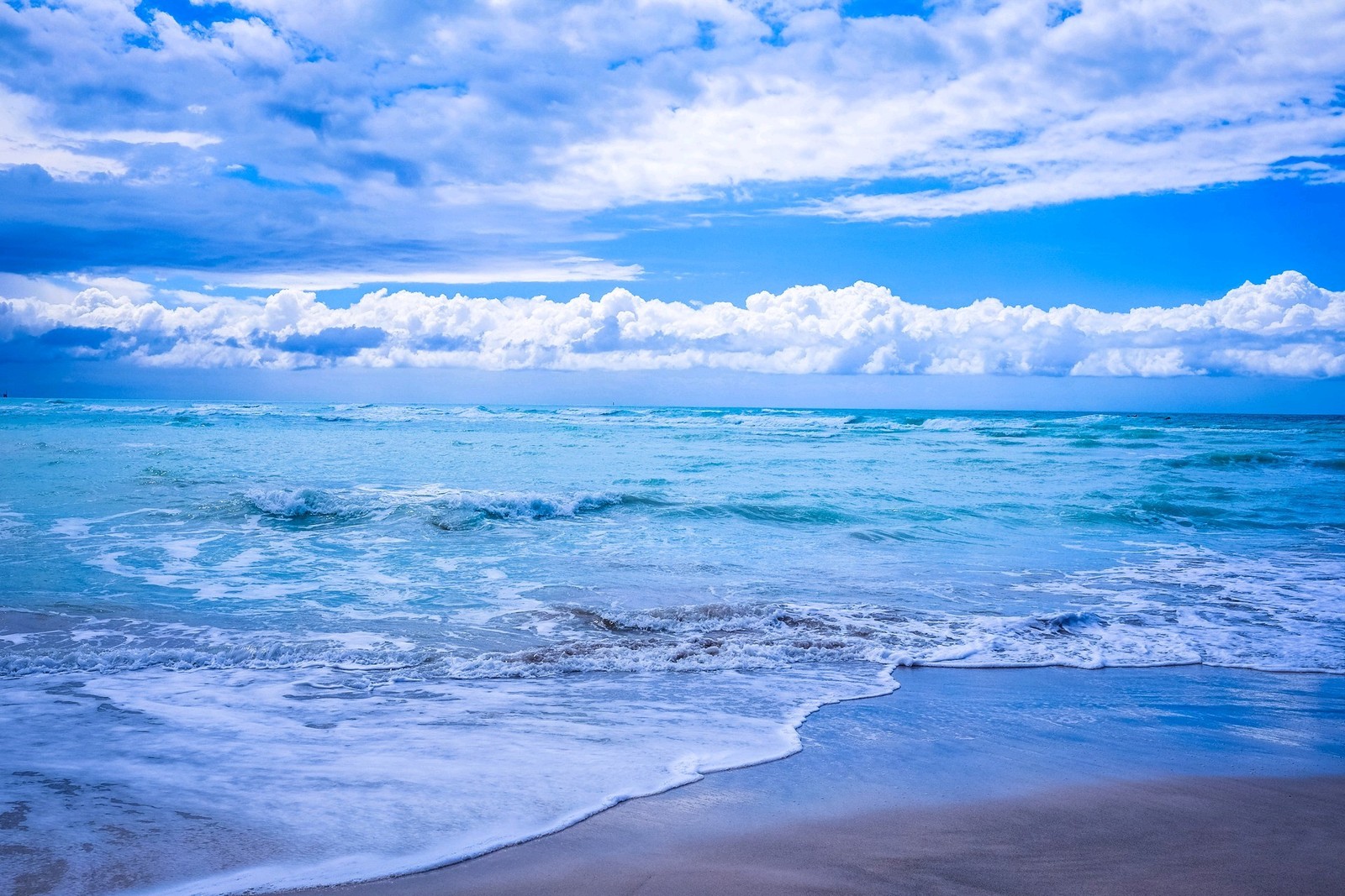 Une vue d'une plage avec un ciel bleu et des nuages blancs (nature, rivage)