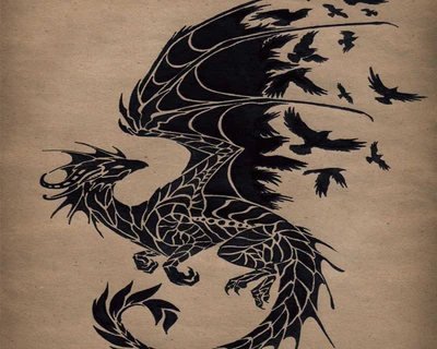 Tatouage de dragon complexe avec des oiseaux en vol