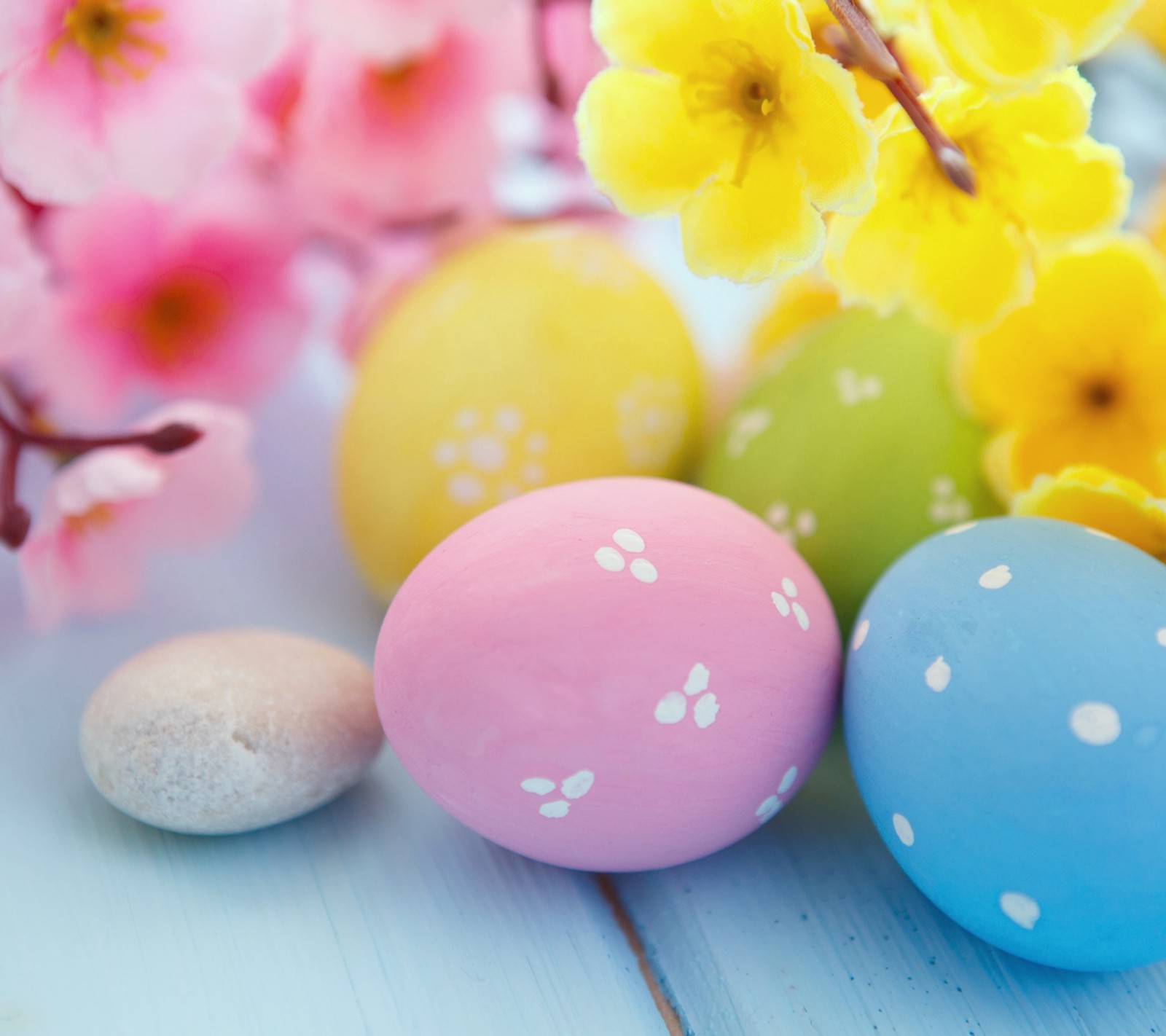 Several colorful easter eggs are sitting on a table with flowers (color, colorful, easter, eggs, spring)