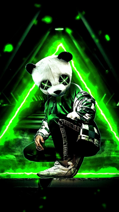 Gamer com cabeça de panda em ambiente verde neon