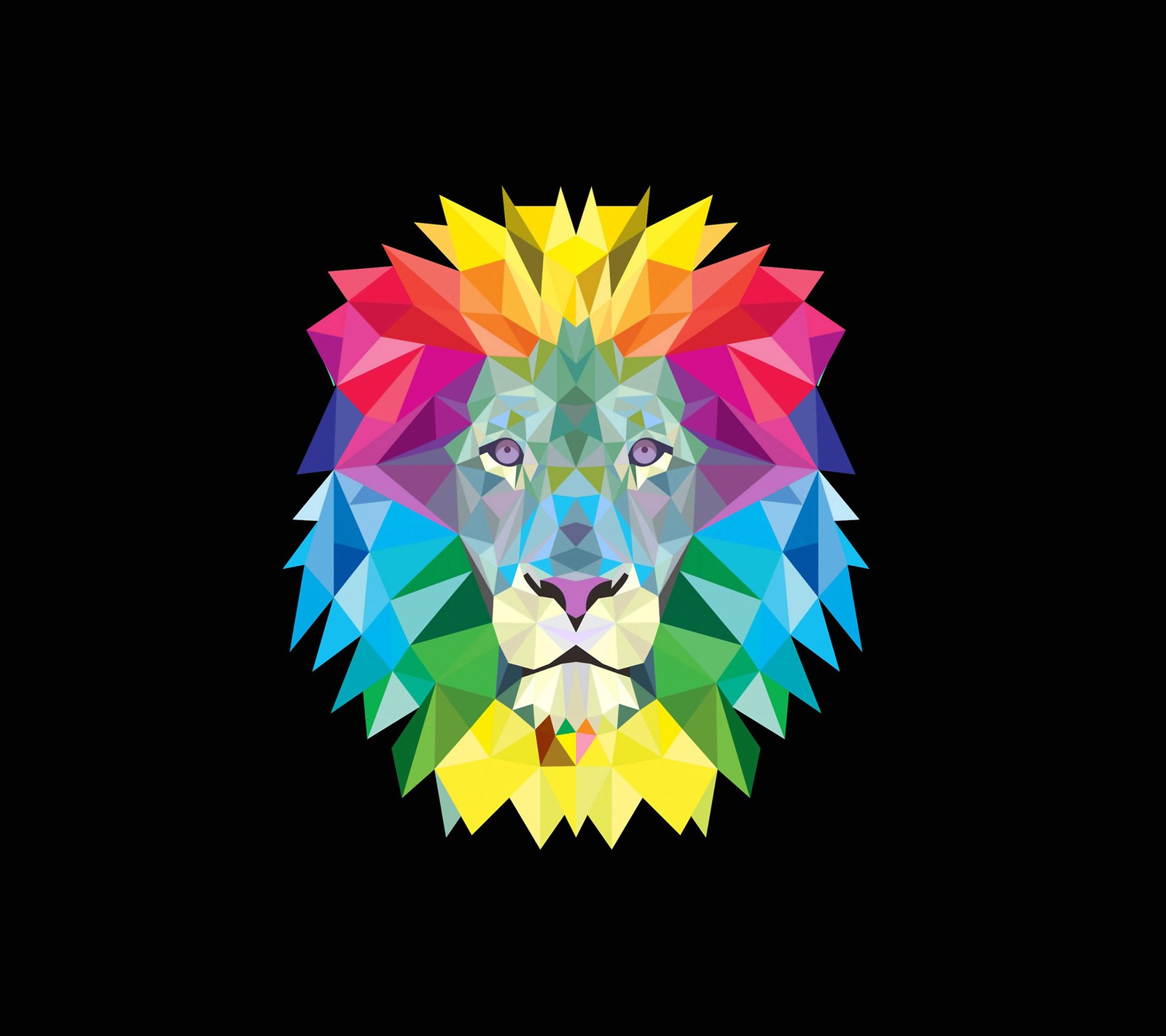 A close up of a colorful lion's head on a black background (3d, abstract, lion, polygon)