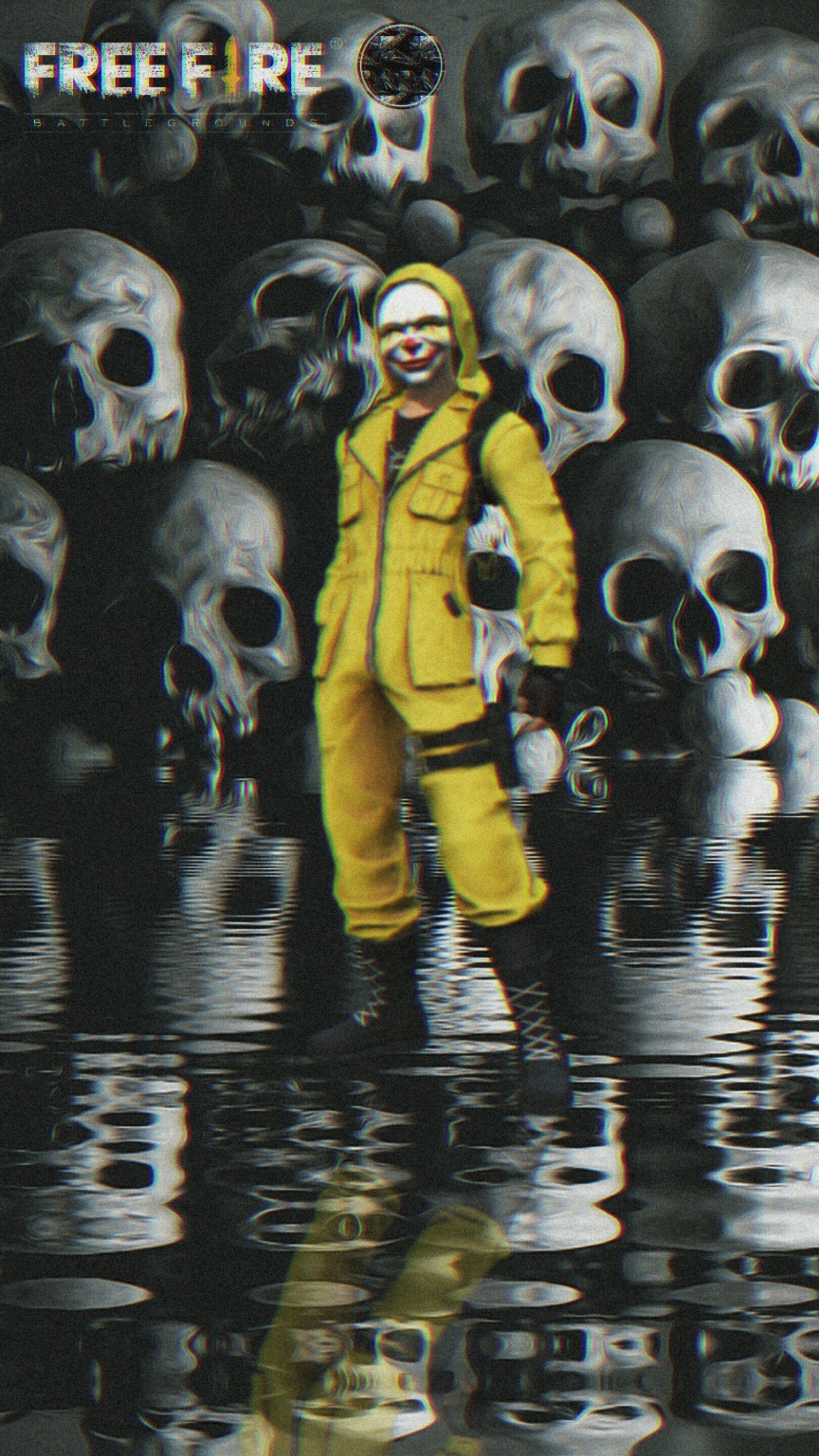 There is a man in a yellow rain suit standing in front of a bunch of skulls (battleroyal, donato, fondo, freefire, iron man)