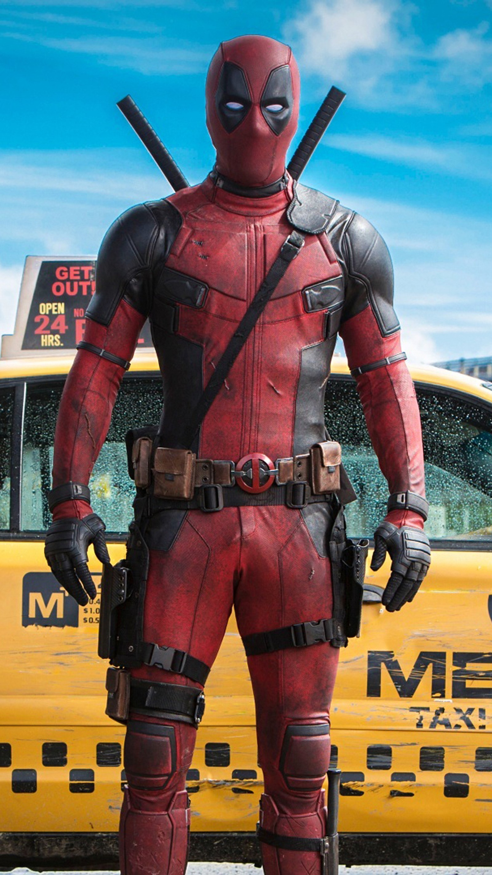 Imagem do deadpool de pé na frente de um táxi (morto, entretenimento, filme, piscina, táxi)