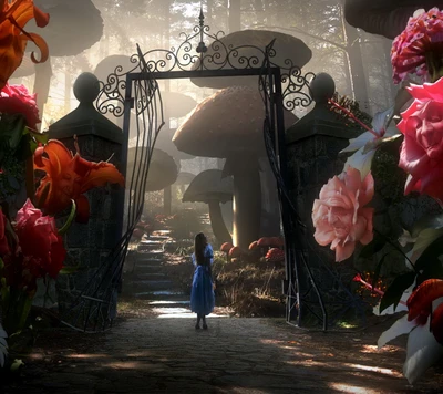 Alice in einem magischen Wunderland umgeben von riesigen Pilzen und lebhaften Blumen