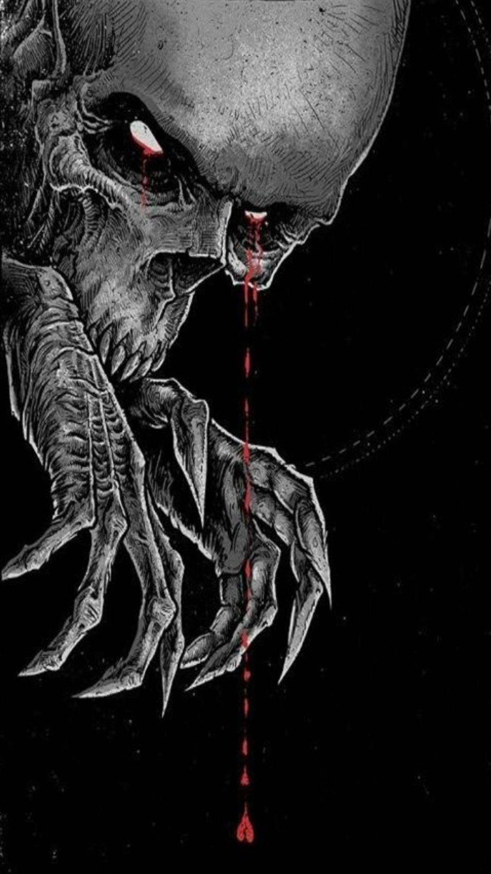 A black and white image of a creepy alien with blood dripping from its mouth (foba, hd, skull, wallpapers)