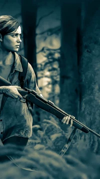 Ellie from The Last of Us, poised with a rifle in a moody forest setting.